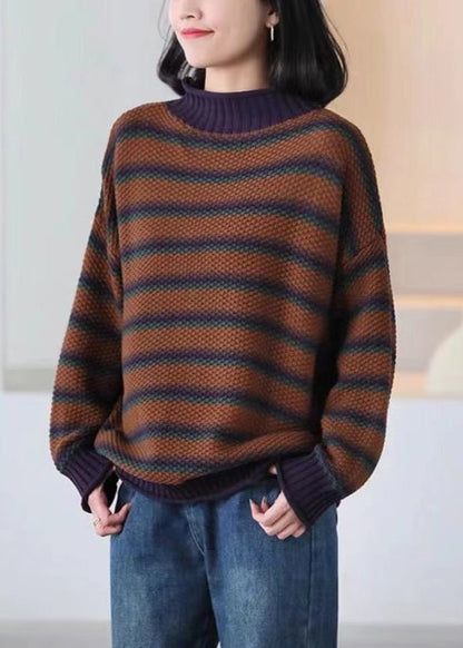 Brown Oversized Striped Knitted Tops Spring