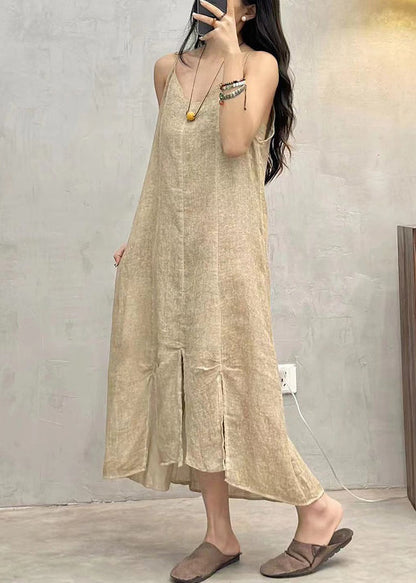Loose Apricot V Neck Linen Spaghetti Strap Dress Sleeveless