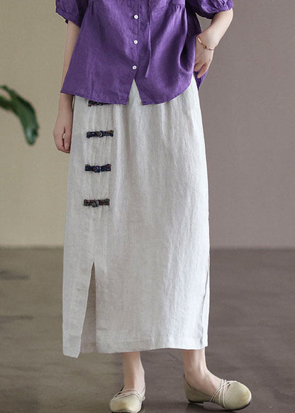 White Pockets Linen a Line Skirts High Waist Oriental Button Summer