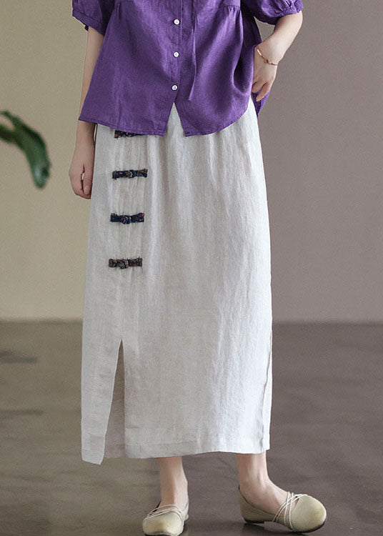 White Pockets Linen a Line Skirts High Waist Oriental Button Summer