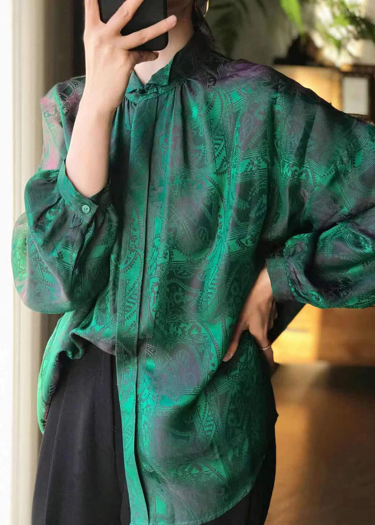 Green Stand Collar Button Jacquard Silk Blouse Tops Long Sleeve