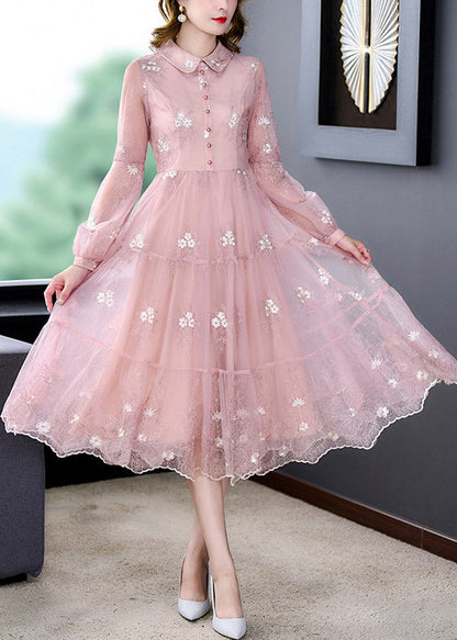 Pink Peter Pan Collar Embroideried Patchwork Button Tulle Maxi Dress Long Sleeve