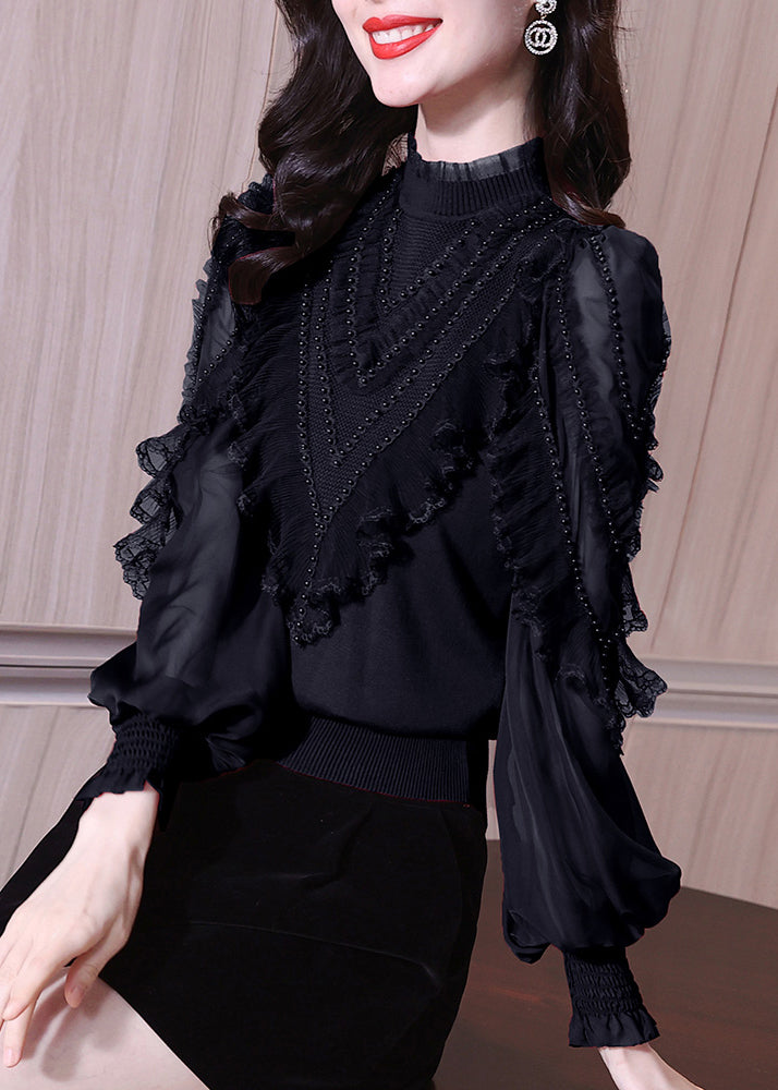 Stylish Black Ruffled Nail Bead Chiffon Blouses Lantern Sleeve Spring