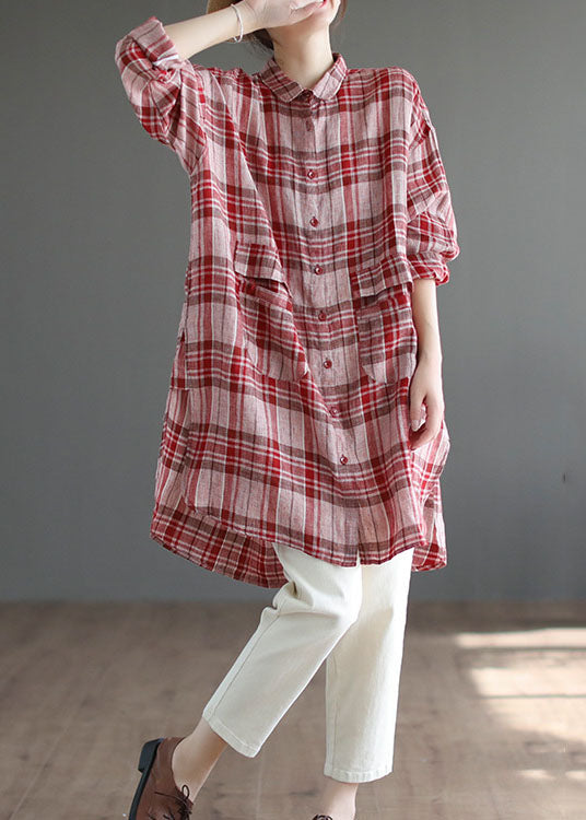 Red Plaid Peter Pan Collar Linen Blouses Spring