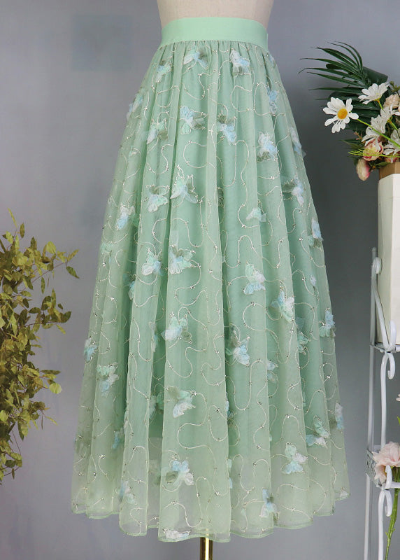 Light Green Butterfly Embroideried High Waist Tulle Maxi Skirts Spring
