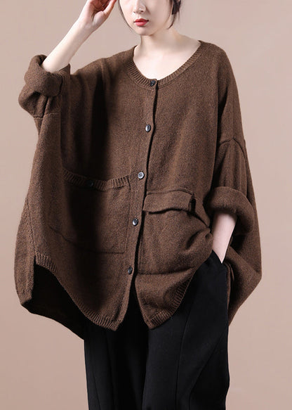 Modern Yellow O-neck Asymmetrical Button Thick Cotton Knit Sweaters Fall