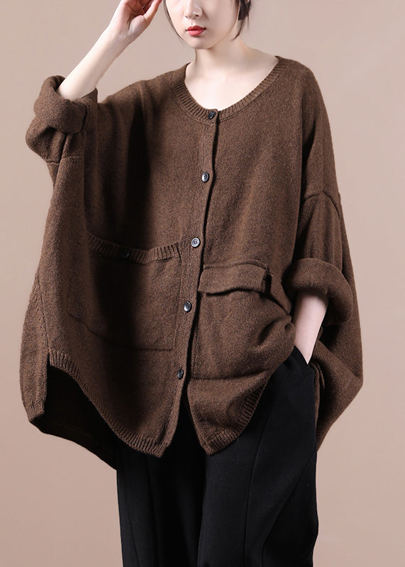 Modern Yellow O-neck Asymmetrical Button Thick Cotton Knit Sweaters Fall