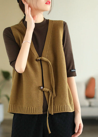 Yellow Knit Vest Tops V Neck Oriental Button Sleeveless