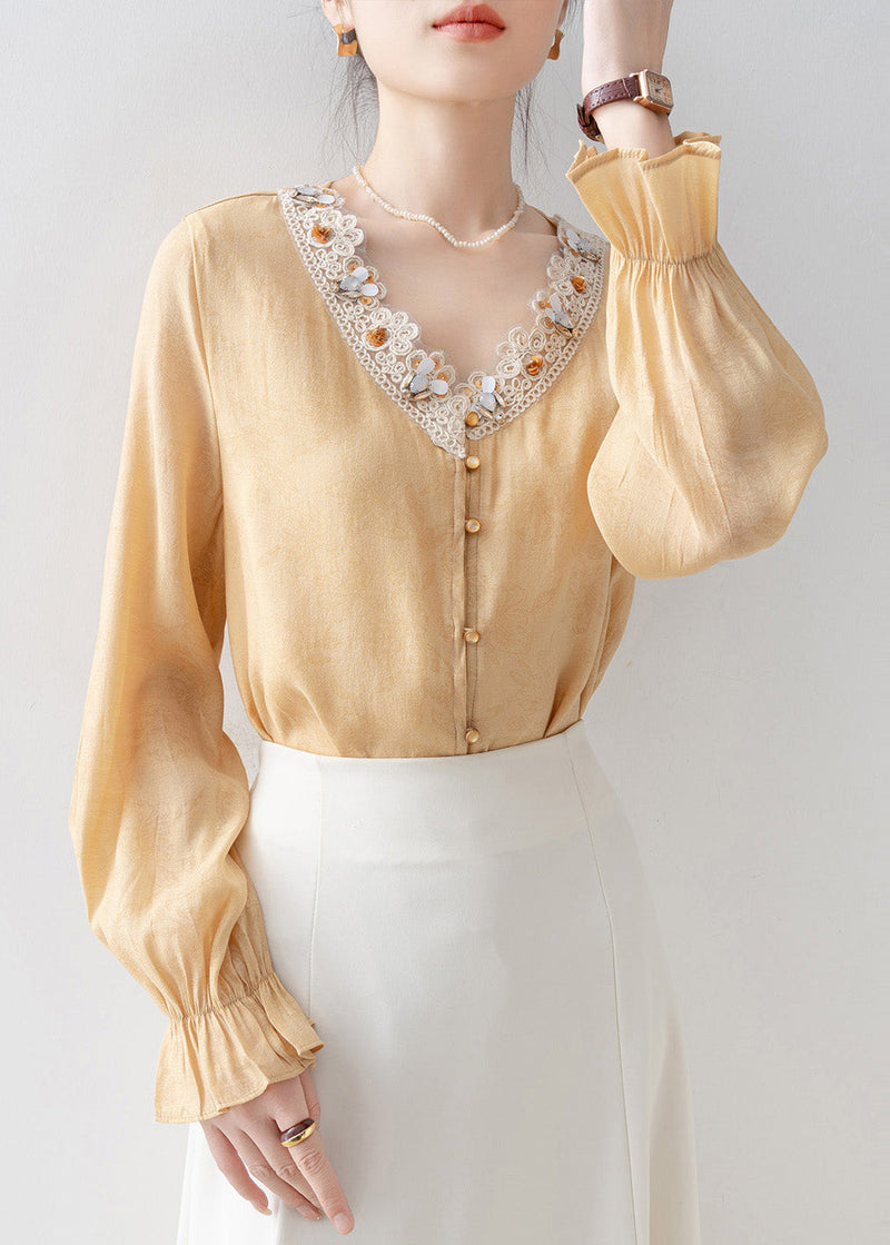 Loose Yellow Embroidered Patchwork Chiffon Blouse Tops Flare Sleeve