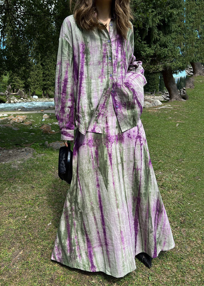 Fitted Purple Peter Pan Collar Tie Dye Shirts and Maxi Skirts Two Piece Set Long Sleeve