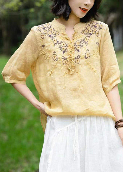 Unique Blue V Neck Embroideried Patchwork Linen T Shirts Half Sleeve