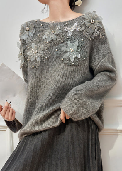 Original Grey O Neck Pearl Knit Cardigan Winter