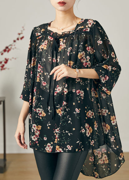 Black Oversized Print Chiffon Shirt Summer