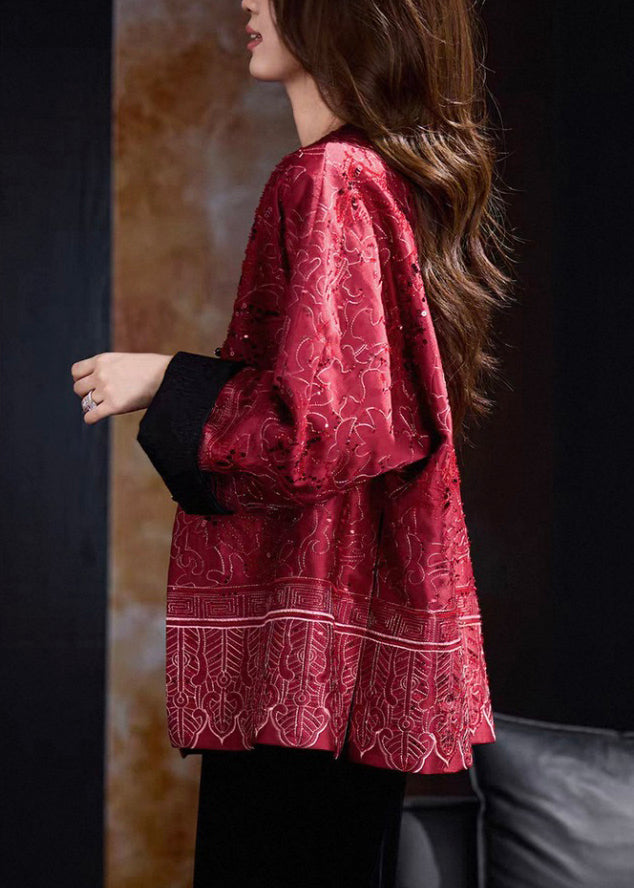 Red Sequins Patchwork Pockets Coats Winter