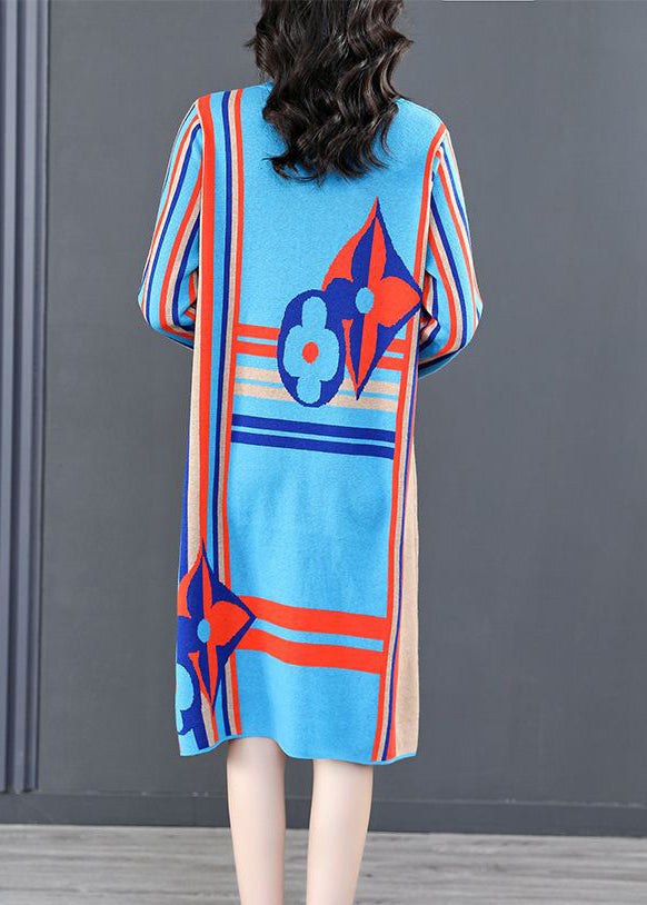 Classy Blue Turtleneck Striped Patchwork Cotton Knit Mid Dress Winter