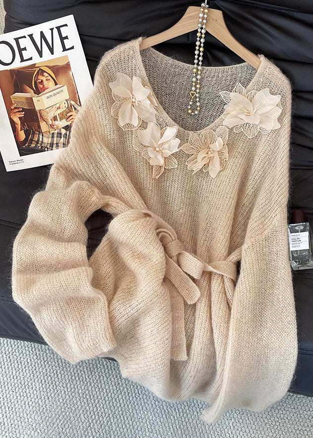 Fitted Khaki Tie Waist Decorated Knit Sweater Tops Fall
