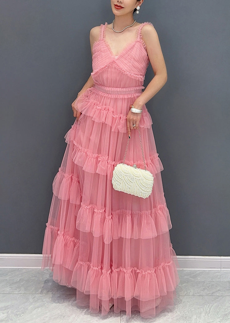 Pink V Neck Ruffled Tulle Spaghetti Strap Dress Sleeveless