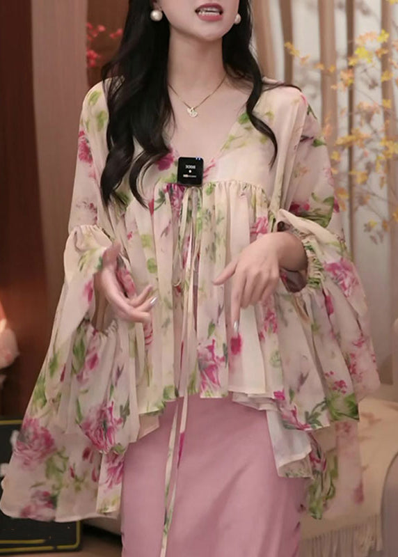 Spring Sweet Printed Asymmetrical Lantern Sleeve Shirt Top