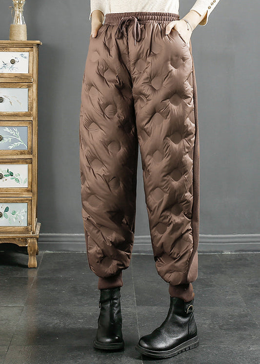 Loose Coffee Pockets Elastic Waist Duck Down Beam Pants Winter