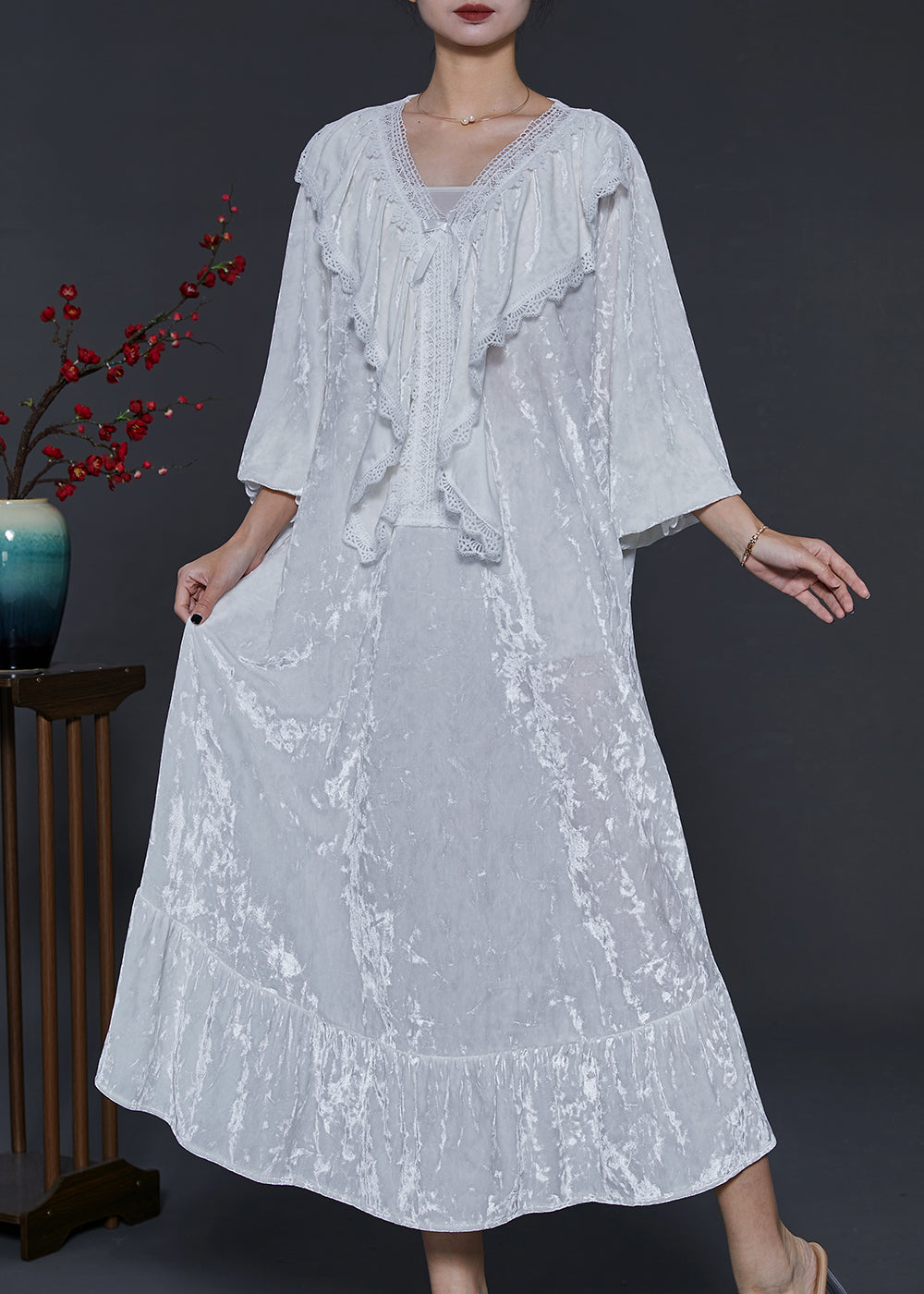 French White V Neck Ruffles Silk Velour Long Dress Fall