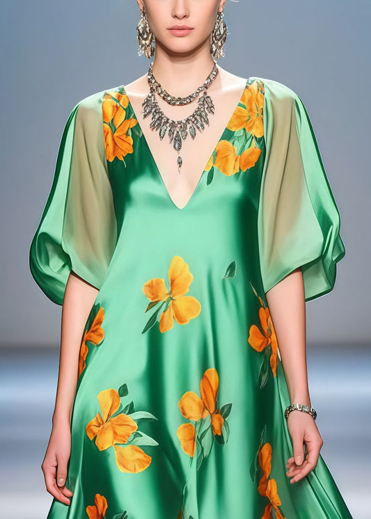Green Print Side Open Draping Silk Party Dress Summer