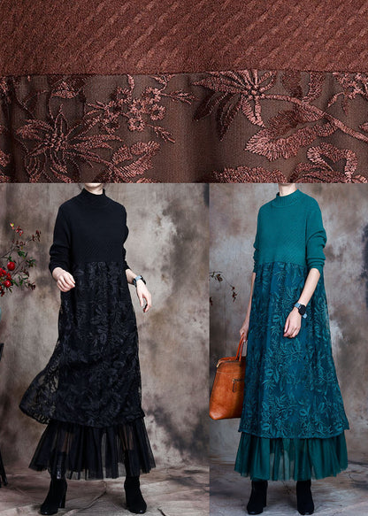 Chocolate O-neck Embroideried Patchwork Fall Long Knit Dress