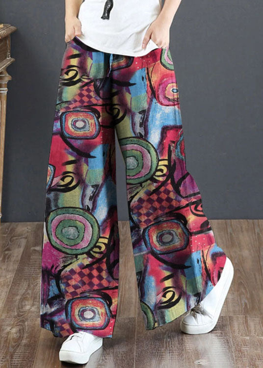 Red Elastic Waist Pockets Print Cotton Wide Leg Pants Summer