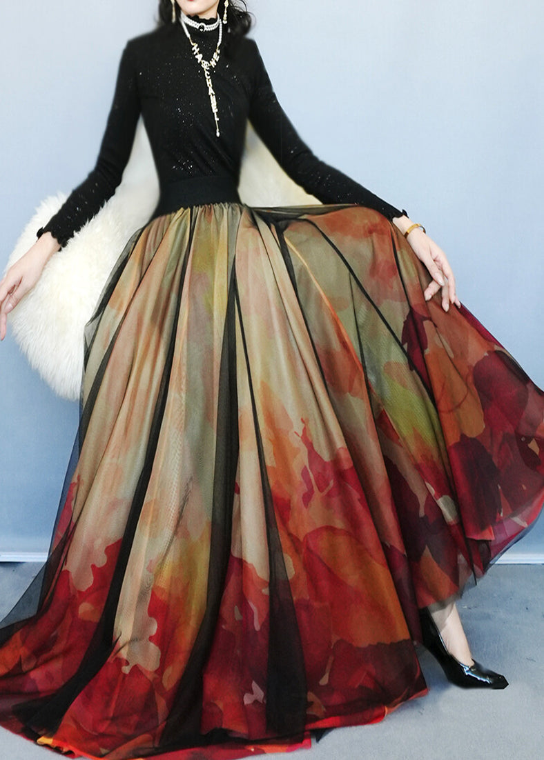 Red Print Exra Large Hem Tulle Skirts Spring