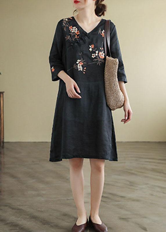 Black V Neck Embroideried Button Three Quarter Sleeve Fall Dresses