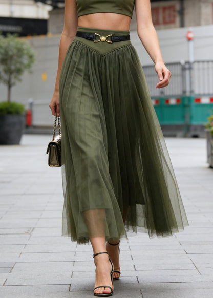 Simple Green Wrinkled Patchwork Tulle Skirts Spring