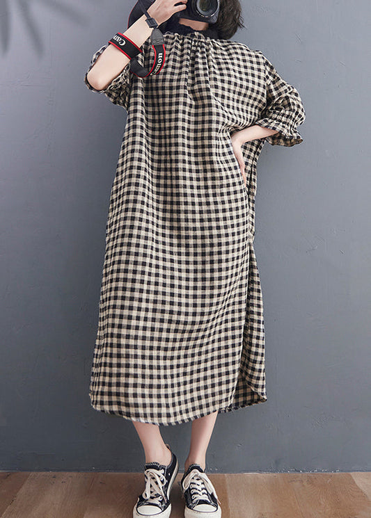 Stand Collar Large Plaid Linen Dress Petal Sleeve