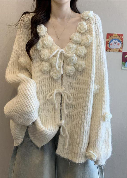 Cozy White Decorated Lace Up Knit Cardigan Fall