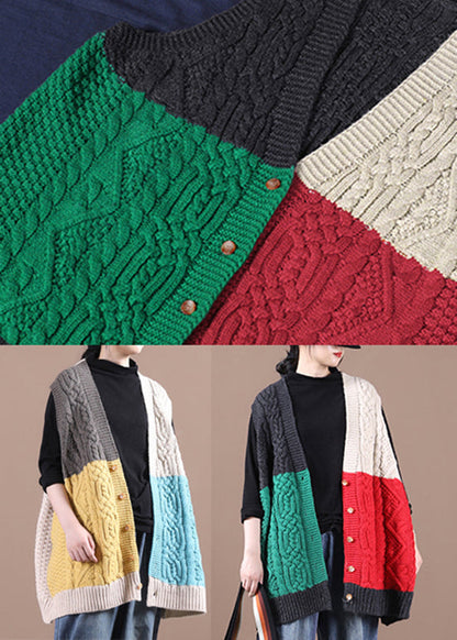 Diy Apricot V Neck Patchwork Knit Waistcoat Sleeveless
