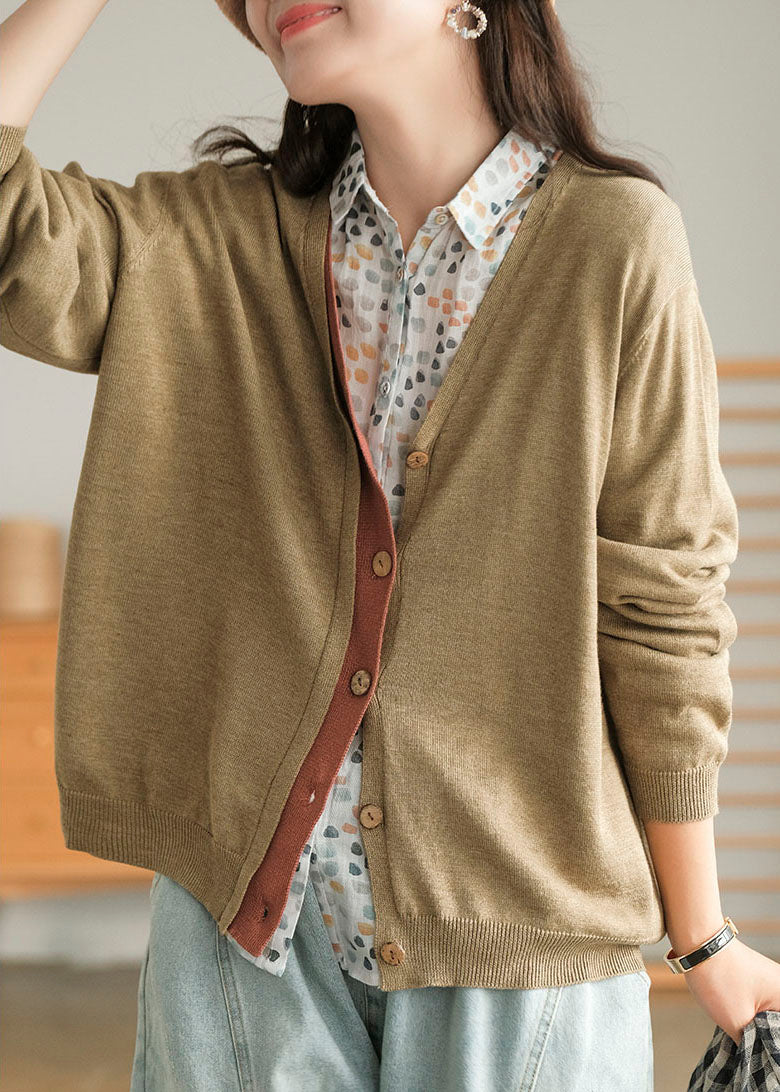Khaki Button V Neck Patchwork Knit Loose Cardigans Spring