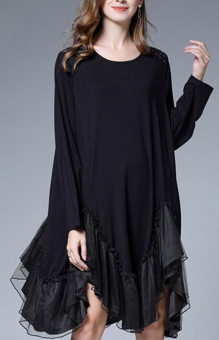 Simple Black Cotton Patchwork Spring Ankle Dress