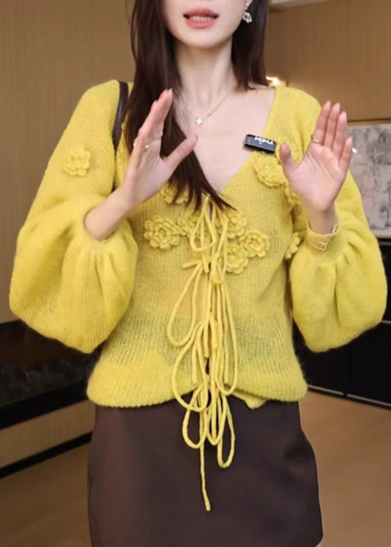 Yellow V Neck Lace Up Knit Sweaters Fall