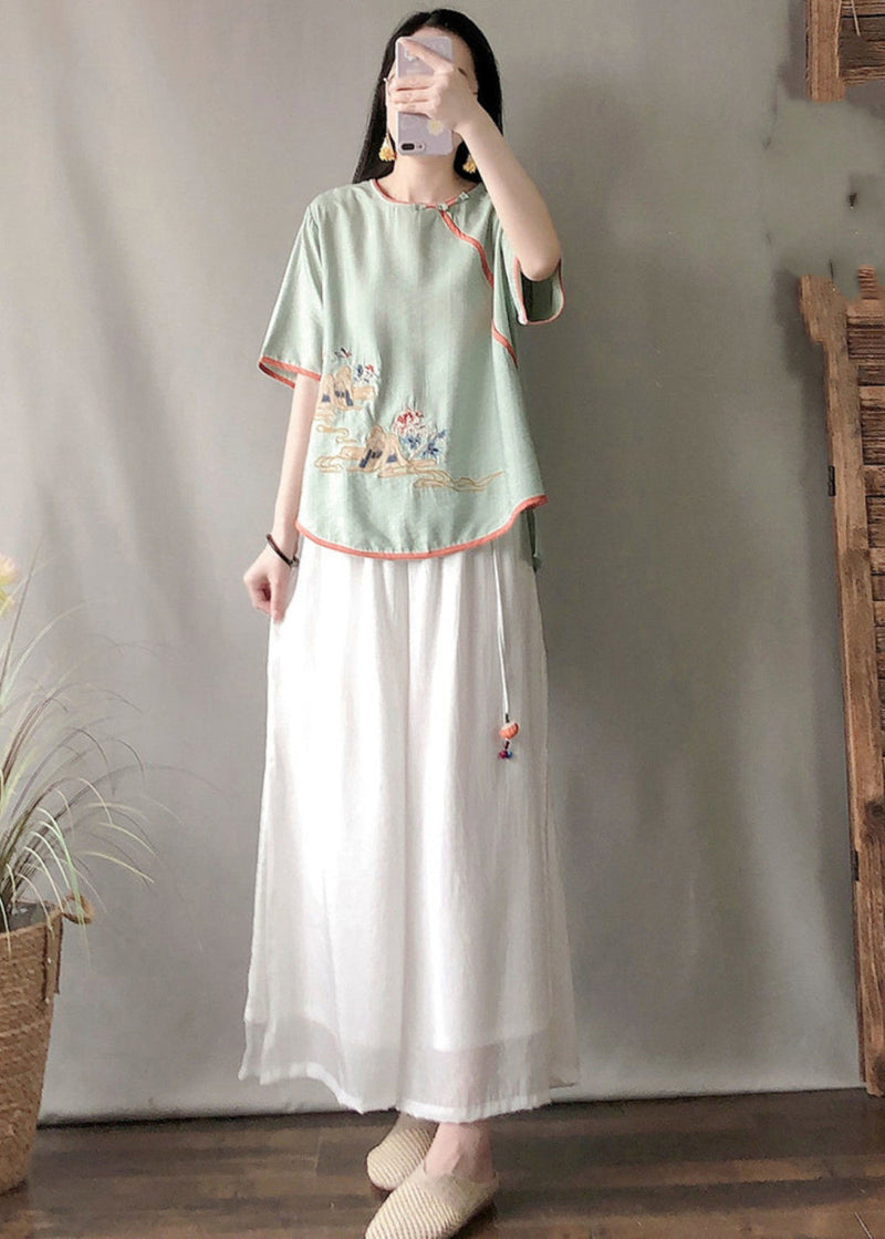 Diy Green Embroideried Chinese Button Cotton Shirt Summer