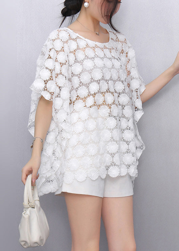 White O-neck Hollow Out Lace T Shirt Summer