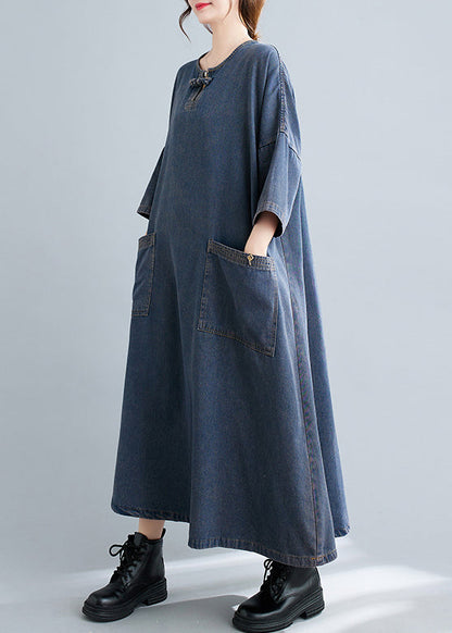 Blue O Neck Pockets Patchwork Denim Long Dresses Fall