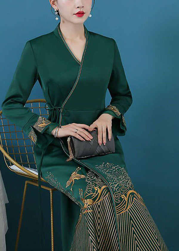 Green Tie Waist Print Silk Cinch Dress Fall