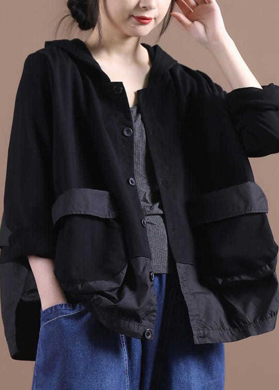Black Hooded Patchwork Cotton Spring Coat