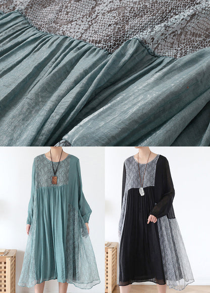French Blue O-neck Patchwork Chiffon Vacation Dress Long Sleeve