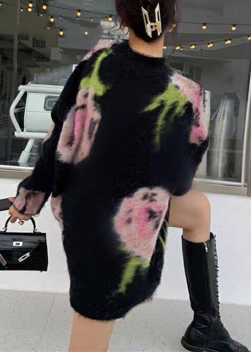 Black O Neck Cozy Cotton Knit Mid Dress Long Sleeve