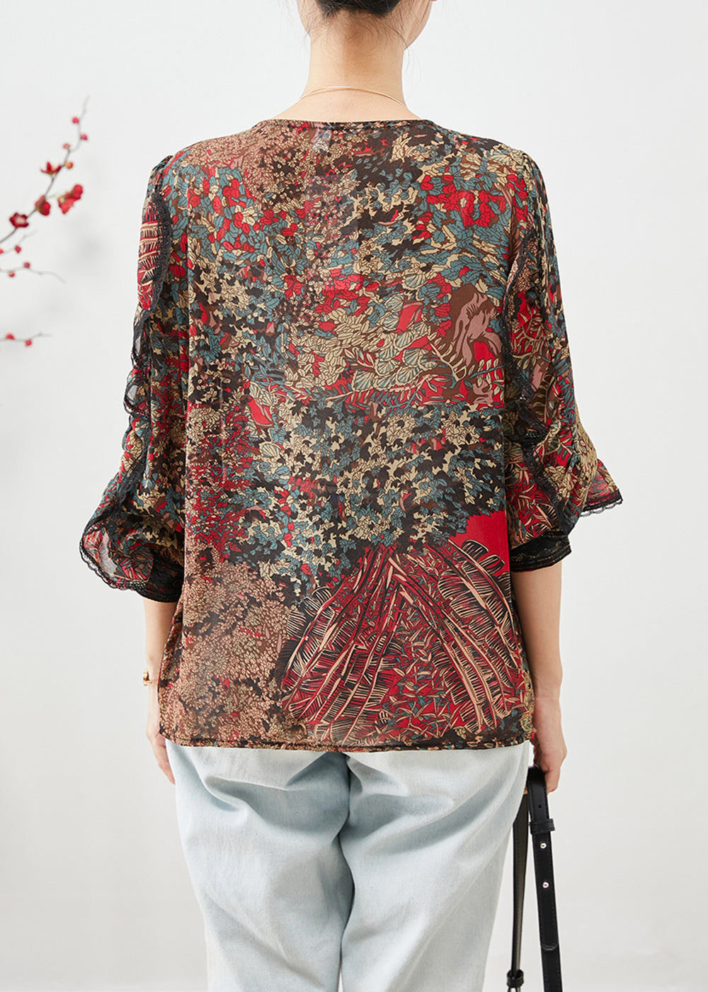 Red Ruffles Patchwork Print Chiffon Shirt Top Fall