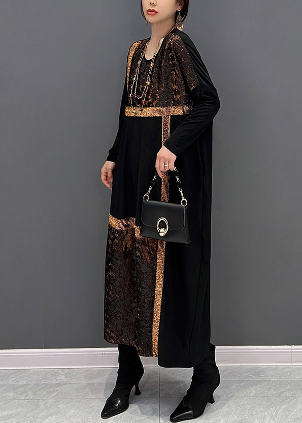 Black O-neck Print Patchwork Cotton Maxi Dresses Fall