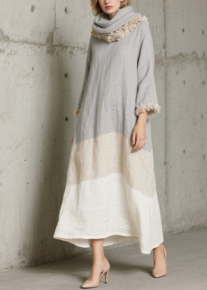 Grey Oversized Patchwork Faux Fur Long Dress Fall