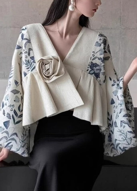 Natural Colorblock V Neck Print Patchwork Tops Flare Sleeve