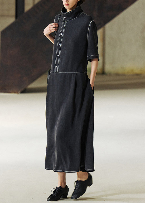 Grey Stand Collar Lace Up Patchwork Denim Dress Summer