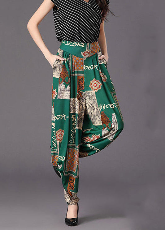 Green Pockets Wrinkled Print Cotton Pants Fall