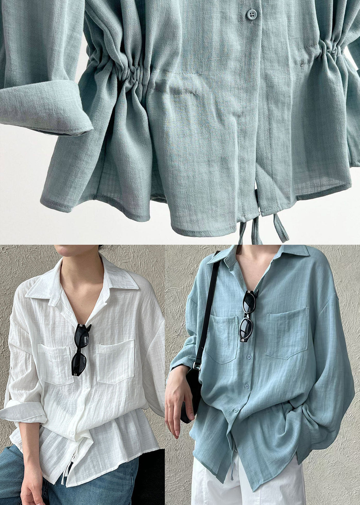 White Cinched Cotton Upf 50+ Blouses Spring